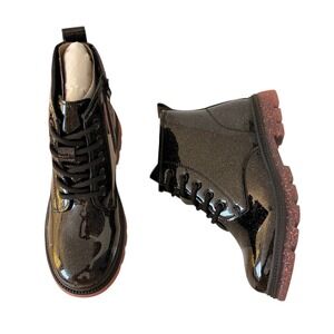 NEW Girls Size 5 Black Glitter Combat Boots Side Zip Lace Up Chunky‎ Sole